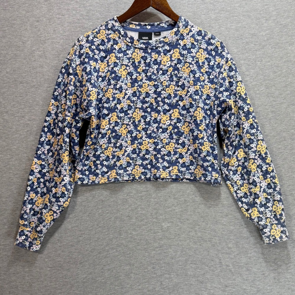 Vans Floral Crop Sweatshirt Women Small Blue Yellow Ditsy Skater Pullover Fleece